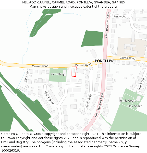 NEUADD CARMEL, CARMEL ROAD, PONTLLIW, SWANSEA, SA4 9EX: Location map and indicative extent of plot