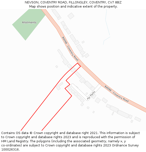 NEVSON, COVENTRY ROAD, FILLONGLEY, COVENTRY, CV7 8BZ: Location map and indicative extent of plot