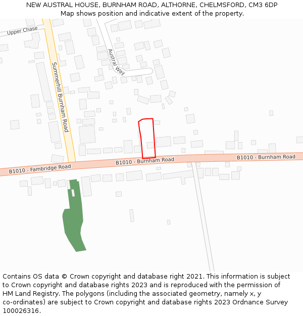 NEW AUSTRAL HOUSE, BURNHAM ROAD, ALTHORNE, CHELMSFORD, CM3 6DP: Location map and indicative extent of plot