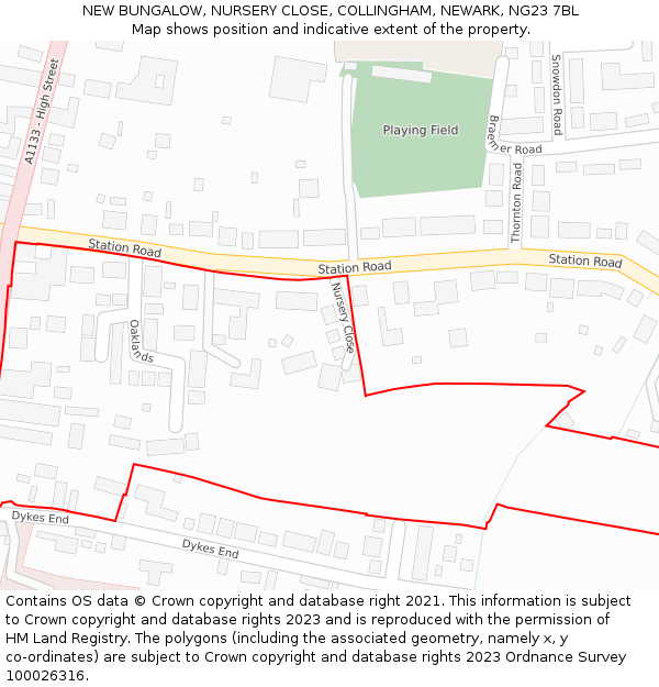 NEW BUNGALOW, NURSERY CLOSE, COLLINGHAM, NEWARK, NG23 7BL: Location map and indicative extent of plot