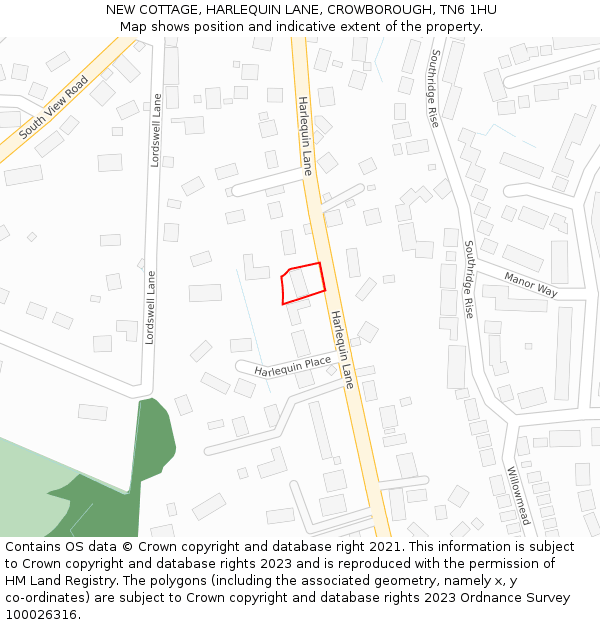 NEW COTTAGE, HARLEQUIN LANE, CROWBOROUGH, TN6 1HU: Location map and indicative extent of plot