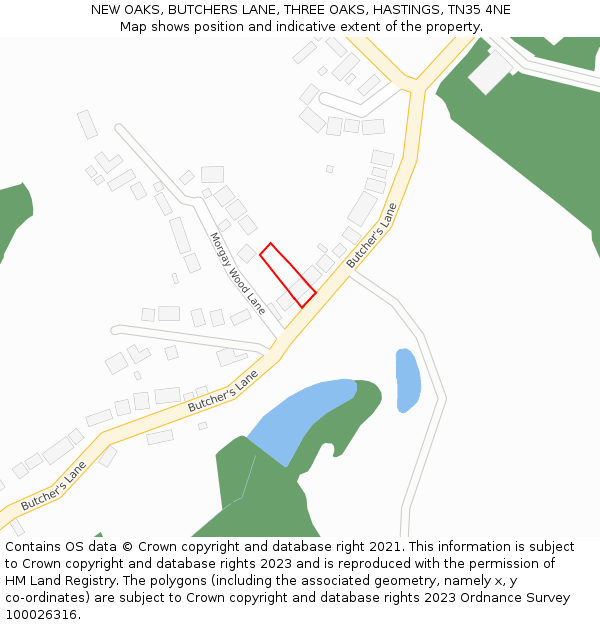 NEW OAKS, BUTCHERS LANE, THREE OAKS, HASTINGS, TN35 4NE: Location map and indicative extent of plot