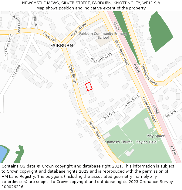 NEWCASTLE MEWS, SILVER STREET, FAIRBURN, KNOTTINGLEY, WF11 9JA: Location map and indicative extent of plot