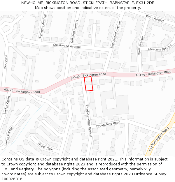 NEWHOLME, BICKINGTON ROAD, STICKLEPATH, BARNSTAPLE, EX31 2DB: Location map and indicative extent of plot