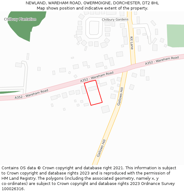 NEWLAND, WAREHAM ROAD, OWERMOIGNE, DORCHESTER, DT2 8HL: Location map and indicative extent of plot