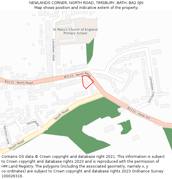 NEWLANDS CORNER, NORTH ROAD, TIMSBURY, BATH, BA2 0JN: Location map and indicative extent of plot