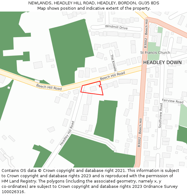 NEWLANDS, HEADLEY HILL ROAD, HEADLEY, BORDON, GU35 8DS: Location map and indicative extent of plot