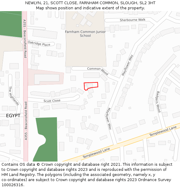 NEWLYN, 21, SCOTT CLOSE, FARNHAM COMMON, SLOUGH, SL2 3HT: Location map and indicative extent of plot