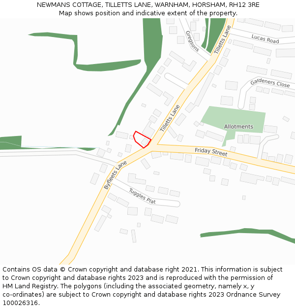 NEWMANS COTTAGE, TILLETTS LANE, WARNHAM, HORSHAM, RH12 3RE: Location map and indicative extent of plot