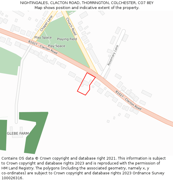 NIGHTINGALES, CLACTON ROAD, THORRINGTON, COLCHESTER, CO7 8EY: Location map and indicative extent of plot
