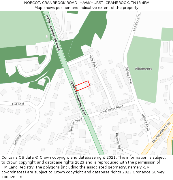 NORCOT, CRANBROOK ROAD, HAWKHURST, CRANBROOK, TN18 4BA: Location map and indicative extent of plot