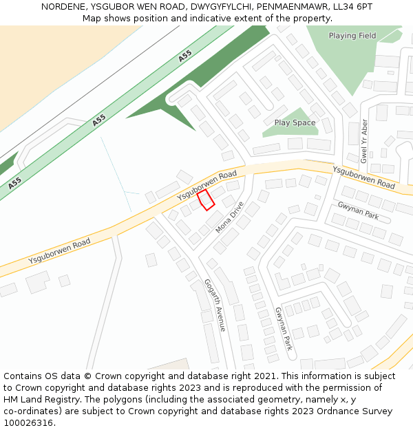 NORDENE, YSGUBOR WEN ROAD, DWYGYFYLCHI, PENMAENMAWR, LL34 6PT: Location map and indicative extent of plot