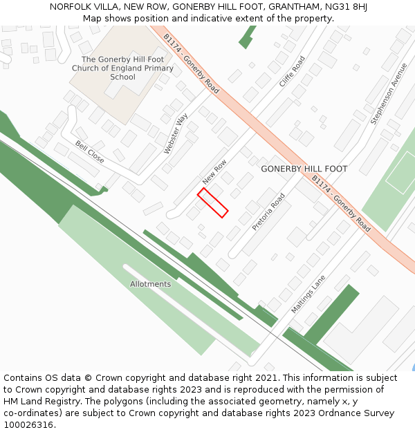 NORFOLK VILLA, NEW ROW, GONERBY HILL FOOT, GRANTHAM, NG31 8HJ: Location map and indicative extent of plot