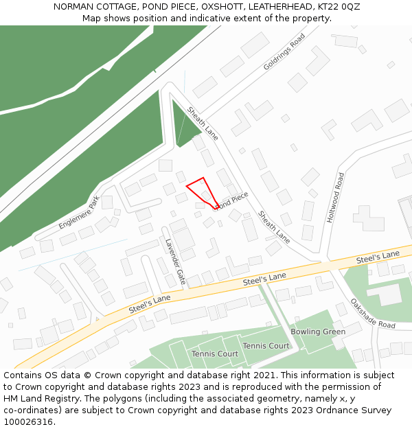 NORMAN COTTAGE, POND PIECE, OXSHOTT, LEATHERHEAD, KT22 0QZ: Location map and indicative extent of plot