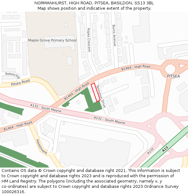 NORMANHURST, HIGH ROAD, PITSEA, BASILDON, SS13 3BL: Location map and indicative extent of plot