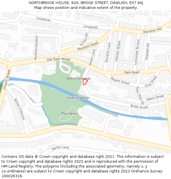 NORTHBROOK HOUSE, 92A, BROOK STREET, DAWLISH, EX7 9AJ: Location map and indicative extent of plot