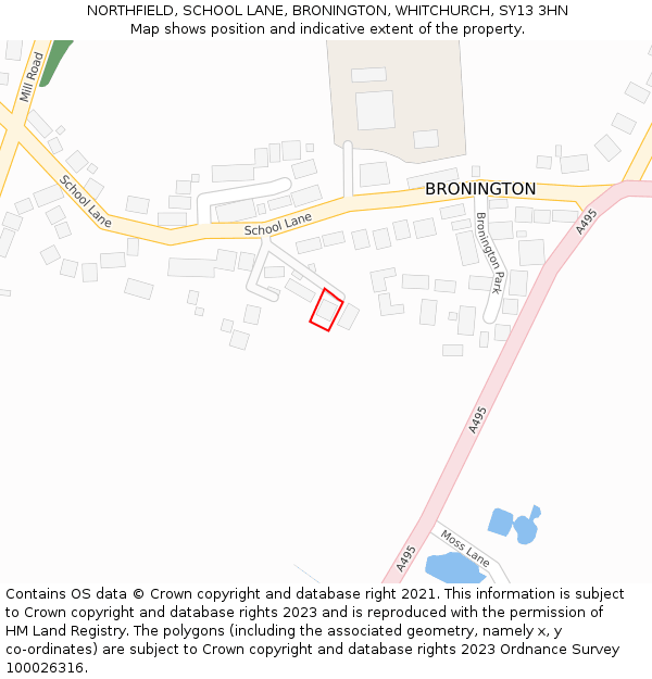 NORTHFIELD, SCHOOL LANE, BRONINGTON, WHITCHURCH, SY13 3HN: Location map and indicative extent of plot