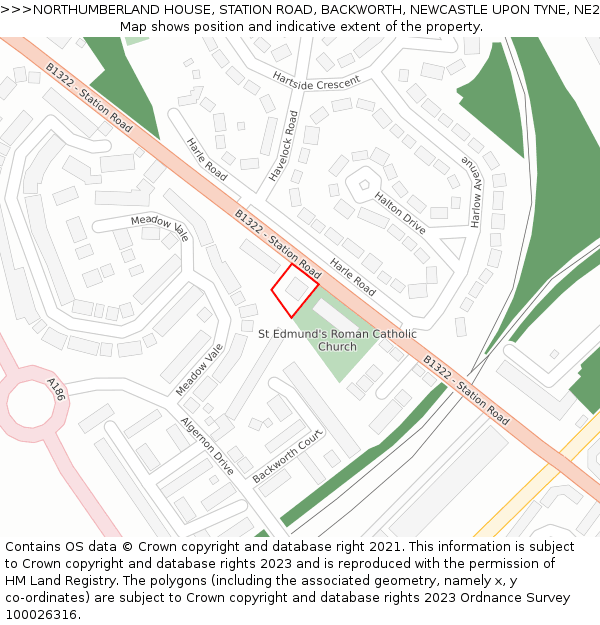 NORTHUMBERLAND HOUSE, STATION ROAD, BACKWORTH, NEWCASTLE UPON TYNE, NE27 0RU: Location map and indicative extent of plot