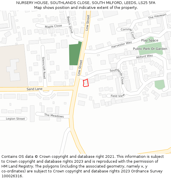 NURSERY HOUSE, SOUTHLANDS CLOSE, SOUTH MILFORD, LEEDS, LS25 5FA: Location map and indicative extent of plot