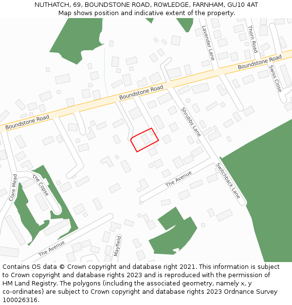 NUTHATCH, 69, BOUNDSTONE ROAD, ROWLEDGE, FARNHAM, GU10 4AT: Location map and indicative extent of plot