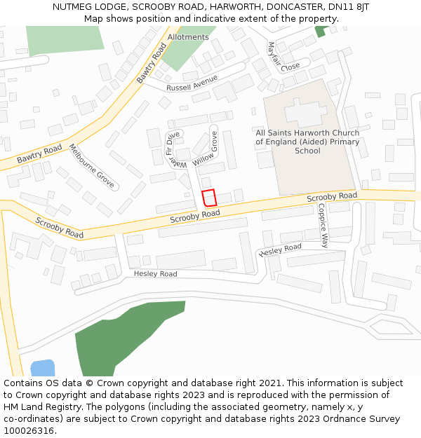 NUTMEG LODGE, SCROOBY ROAD, HARWORTH, DONCASTER, DN11 8JT: Location map and indicative extent of plot