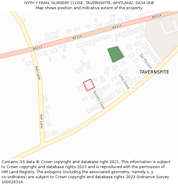 NYTH Y FRAN, NURSERY CLOSE, TAVERNSPITE, WHITLAND, SA34 0NE: Location map and indicative extent of plot