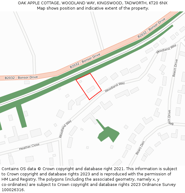 OAK APPLE COTTAGE, WOODLAND WAY, KINGSWOOD, TADWORTH, KT20 6NX: Location map and indicative extent of plot