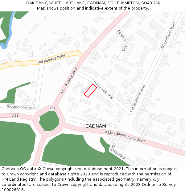 OAK BANK, WHITE HART LANE, CADNAM, SOUTHAMPTON, SO40 2NJ: Location map and indicative extent of plot