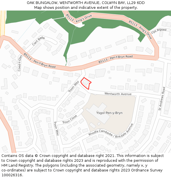 OAK BUNGALOW, WENTWORTH AVENUE, COLWYN BAY, LL29 6DD: Location map and indicative extent of plot