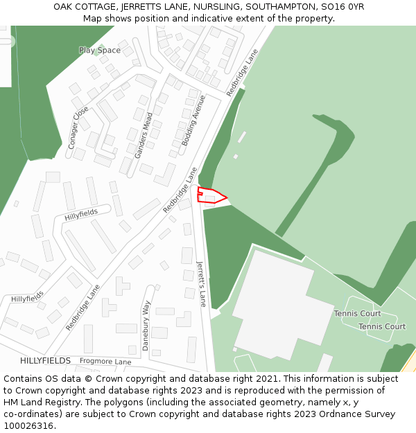 OAK COTTAGE, JERRETTS LANE, NURSLING, SOUTHAMPTON, SO16 0YR: Location map and indicative extent of plot