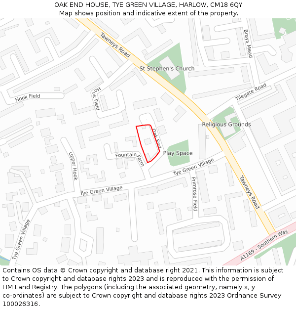 OAK END HOUSE, TYE GREEN VILLAGE, HARLOW, CM18 6QY: Location map and indicative extent of plot