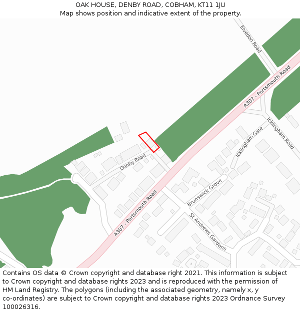 OAK HOUSE, DENBY ROAD, COBHAM, KT11 1JU: Location map and indicative extent of plot