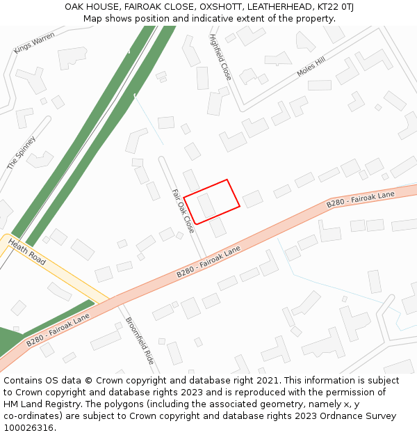 OAK HOUSE, FAIROAK CLOSE, OXSHOTT, LEATHERHEAD, KT22 0TJ: Location map and indicative extent of plot