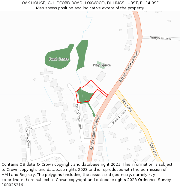 OAK HOUSE, GUILDFORD ROAD, LOXWOOD, BILLINGSHURST, RH14 0SF: Location map and indicative extent of plot