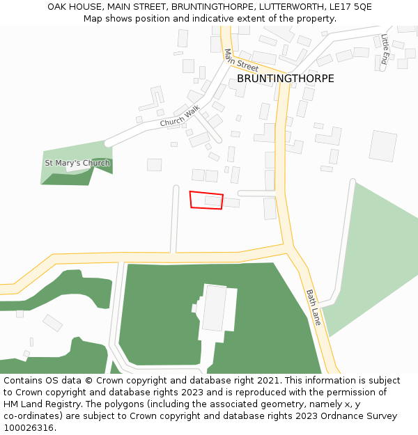 OAK HOUSE, MAIN STREET, BRUNTINGTHORPE, LUTTERWORTH, LE17 5QE: Location map and indicative extent of plot