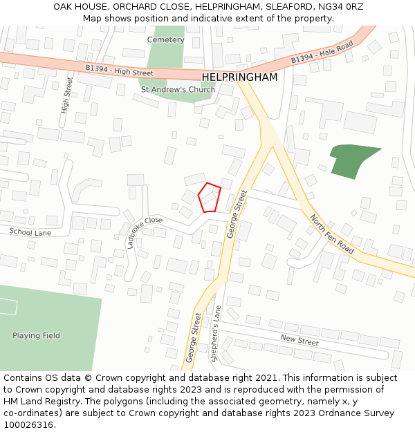 OAK HOUSE, ORCHARD CLOSE, HELPRINGHAM, SLEAFORD, NG34 0RZ: Location map and indicative extent of plot