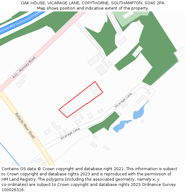 OAK HOUSE, VICARAGE LANE, COPYTHORNE, SOUTHAMPTON, SO40 2PA: Location map and indicative extent of plot