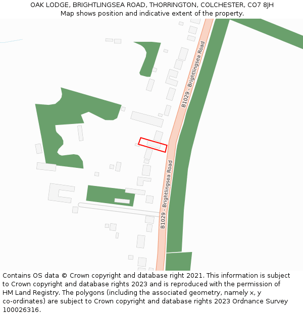 OAK LODGE, BRIGHTLINGSEA ROAD, THORRINGTON, COLCHESTER, CO7 8JH: Location map and indicative extent of plot