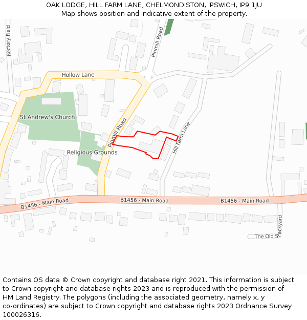 OAK LODGE, HILL FARM LANE, CHELMONDISTON, IPSWICH, IP9 1JU: Location map and indicative extent of plot