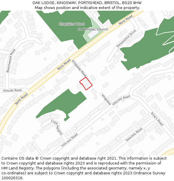 OAK LODGE, KINGSWAY, PORTISHEAD, BRISTOL, BS20 8HW: Location map and indicative extent of plot