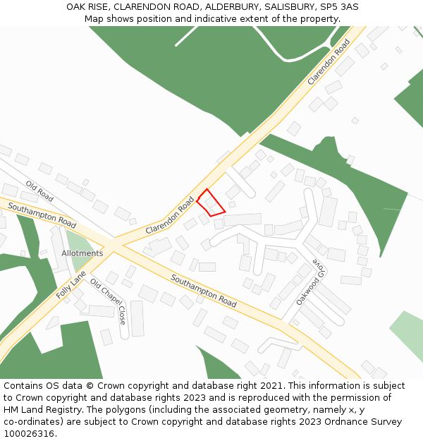 OAK RISE, CLARENDON ROAD, ALDERBURY, SALISBURY, SP5 3AS: Location map and indicative extent of plot