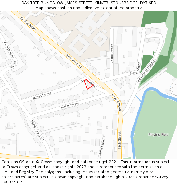 OAK TREE BUNGALOW, JAMES STREET, KINVER, STOURBRIDGE, DY7 6ED: Location map and indicative extent of plot