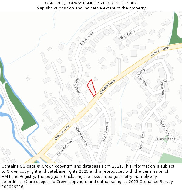 OAK TREE, COLWAY LANE, LYME REGIS, DT7 3BG: Location map and indicative extent of plot