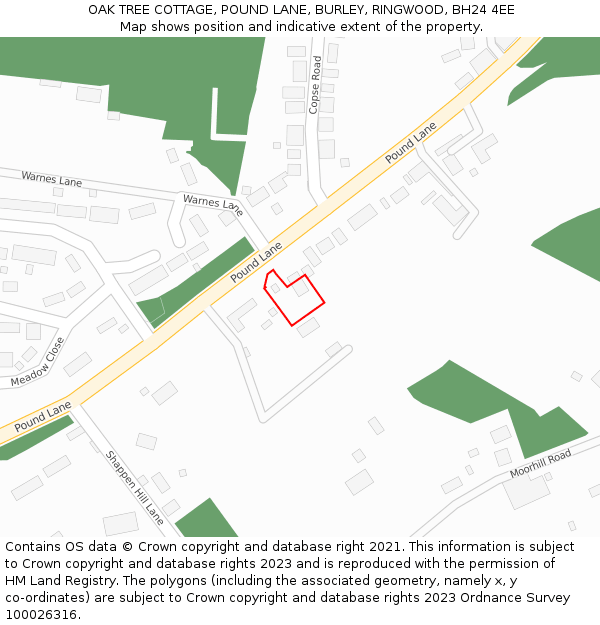 OAK TREE COTTAGE, POUND LANE, BURLEY, RINGWOOD, BH24 4EE: Location map and indicative extent of plot