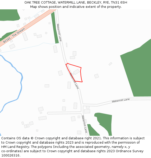 OAK TREE COTTAGE, WATERMILL LANE, BECKLEY, RYE, TN31 6SH: Location map and indicative extent of plot