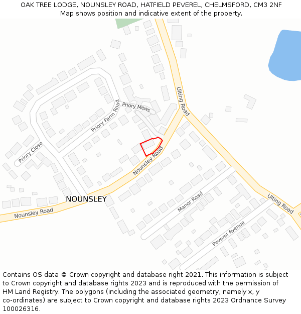 OAK TREE LODGE, NOUNSLEY ROAD, HATFIELD PEVEREL, CHELMSFORD, CM3 2NF: Location map and indicative extent of plot