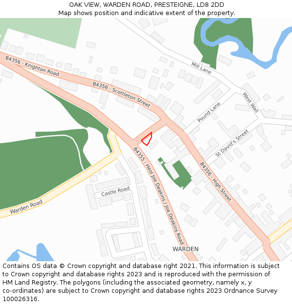 OAK VIEW, WARDEN ROAD, PRESTEIGNE, LD8 2DD: Location map and indicative extent of plot