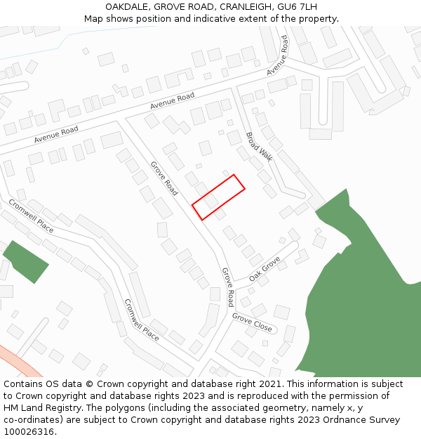 OAKDALE, GROVE ROAD, CRANLEIGH, GU6 7LH: Location map and indicative extent of plot