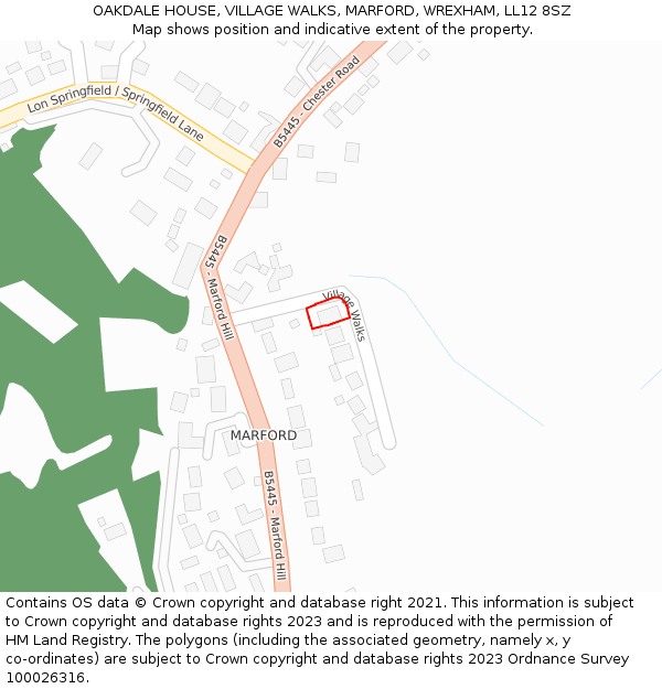 OAKDALE HOUSE, VILLAGE WALKS, MARFORD, WREXHAM, LL12 8SZ: Location map and indicative extent of plot