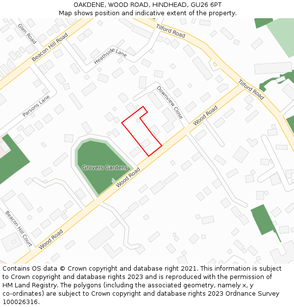 OAKDENE, WOOD ROAD, HINDHEAD, GU26 6PT: Location map and indicative extent of plot